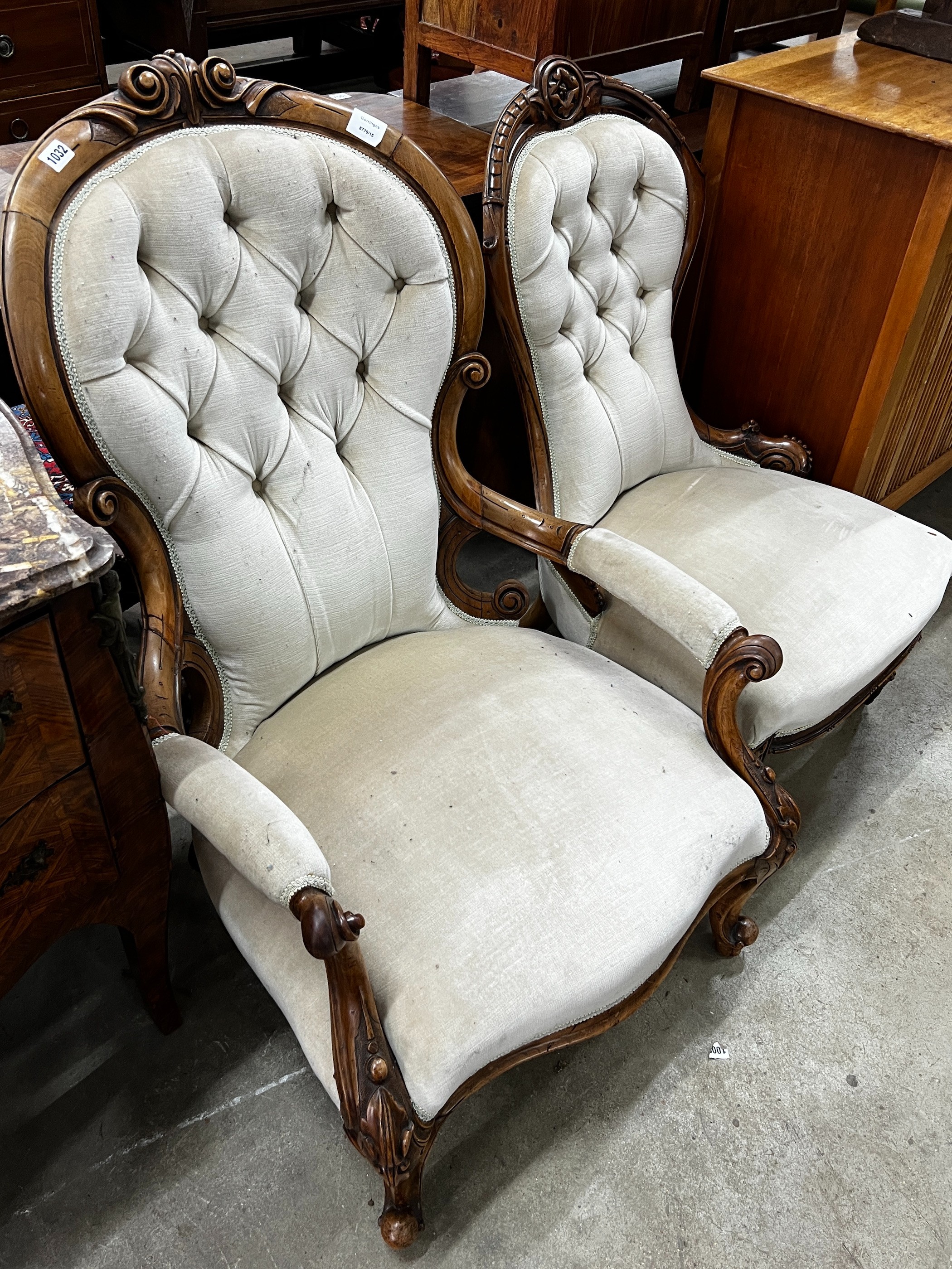 A Victorian walnut spoonback open armchair, width 66cm, height 98cm together with a similar smaller nursing chair